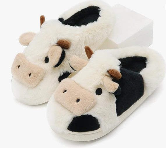 Fuzzy Cow Slippers for Women Men Adults, Fluffy Plush and Cozy Cotton House Slippers for Indoor Outdoor Bedroom, Warm Furry Animal Cow Print Slipper