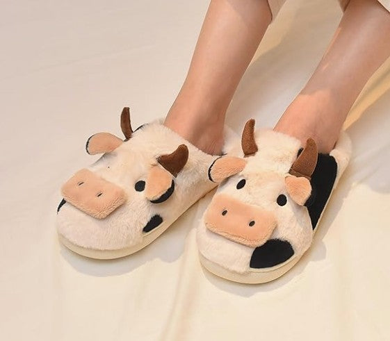 Fuzzy Cow Slippers for Women Men Adults, Fluffy Plush and Cozy Cotton House Slippers for Indoor Outdoor Bedroom, Warm Furry Animal Cow Print Slipper