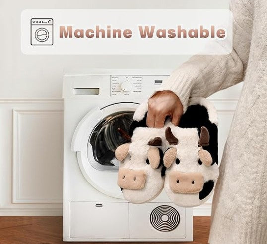 Fuzzy Cow Slippers for Women Men Adults, Fluffy Plush and Cozy Cotton House Slippers for Indoor Outdoor Bedroom, Warm Furry Animal Cow Print Slipper