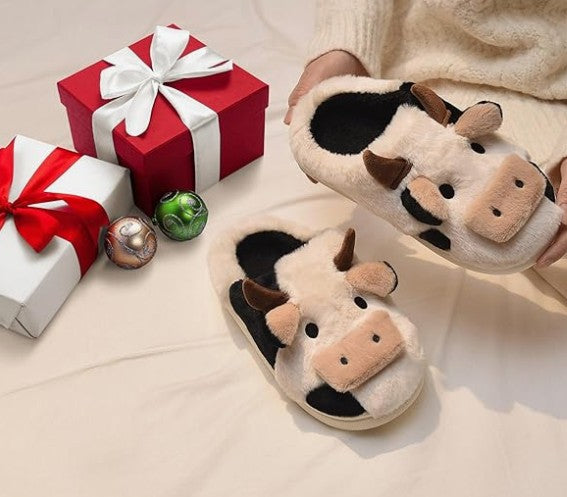 Fuzzy Cow Slippers for Women Men Adults, Fluffy Plush and Cozy Cotton House Slippers for Indoor Outdoor Bedroom, Warm Furry Animal Cow Print Slipper