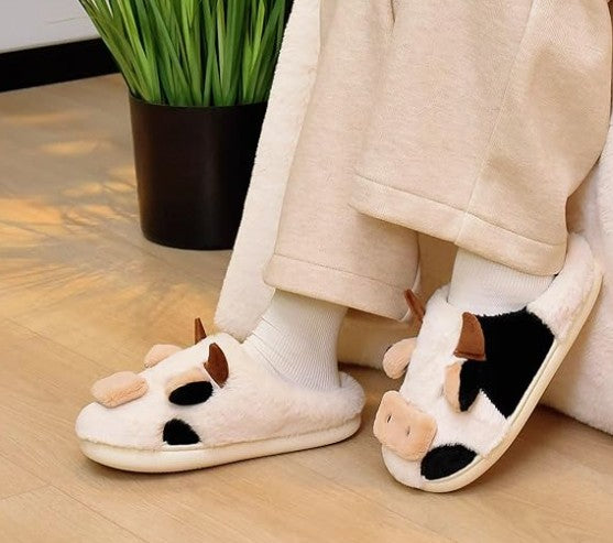 Fuzzy Cow Slippers for Women Men Adults, Fluffy Plush and Cozy Cotton House Slippers for Indoor Outdoor Bedroom, Warm Furry Animal Cow Print Slipper