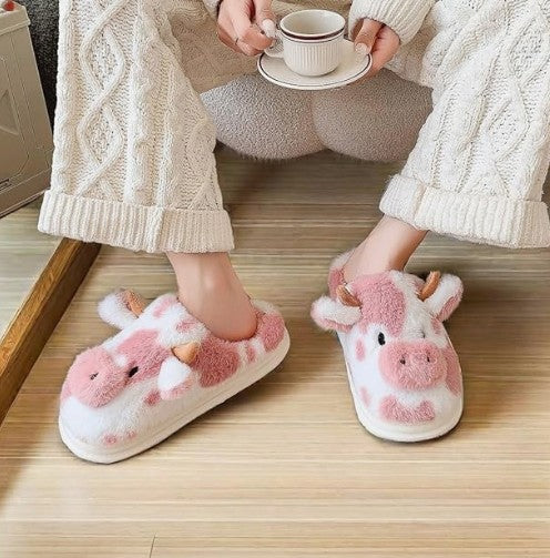 Fuzzy Cow Slippers for Women Men Adults, Fluffy Plush and Cozy Cotton House Slippers for Indoor Outdoor Bedroom, Warm Furry Animal Cow Print Slipper