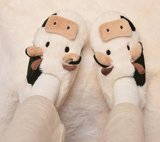 Fuzzy Cow Slippers for Women Men Adults, Fluffy Plush and Cozy Cotton House Slippers for Indoor Outdoor Bedroom, Warm Furry Animal Cow Print Slipper