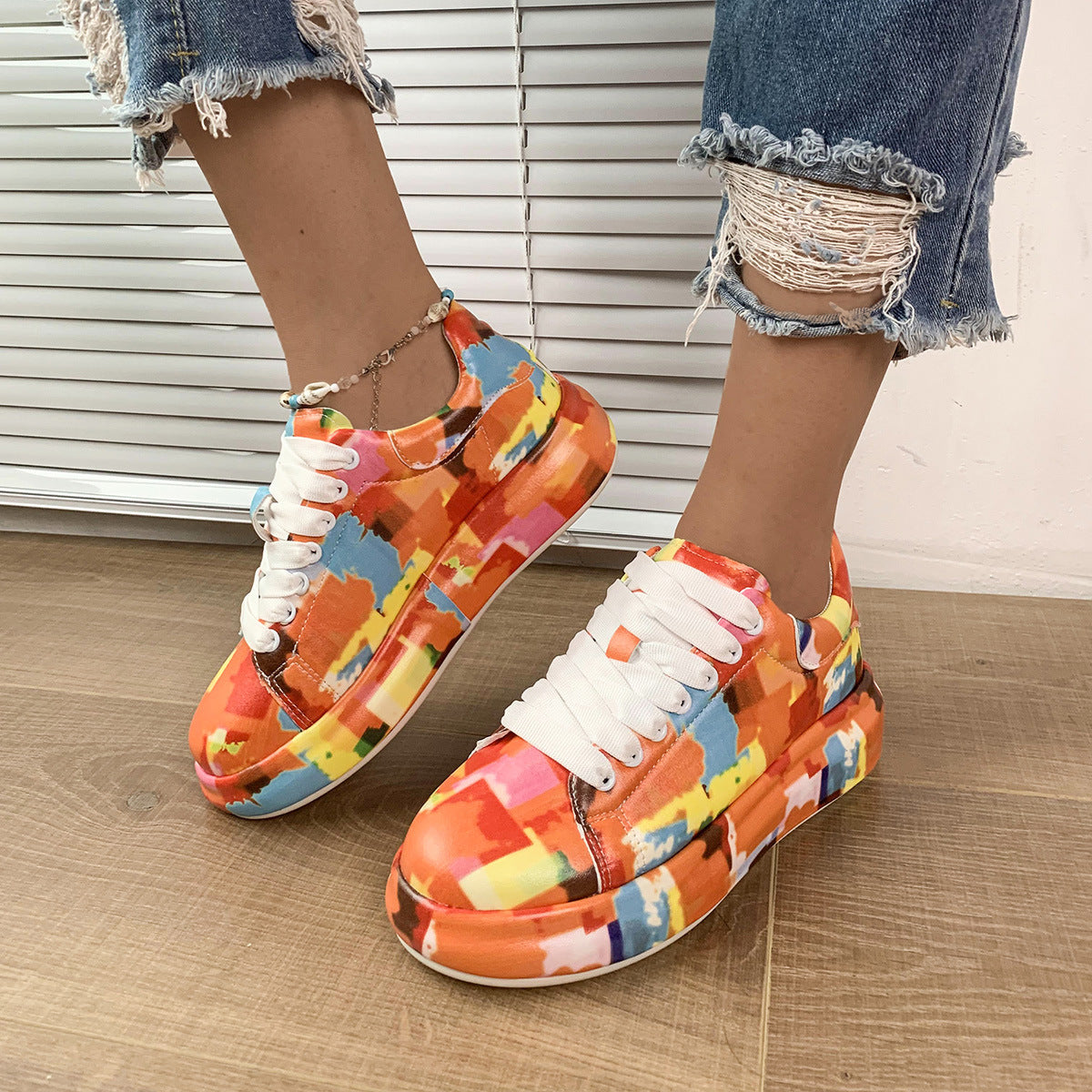 Cartoon Print Fashion Trendy Graffiti Halloween Colorful Lace up Platform Unisex Sneakers Shoes