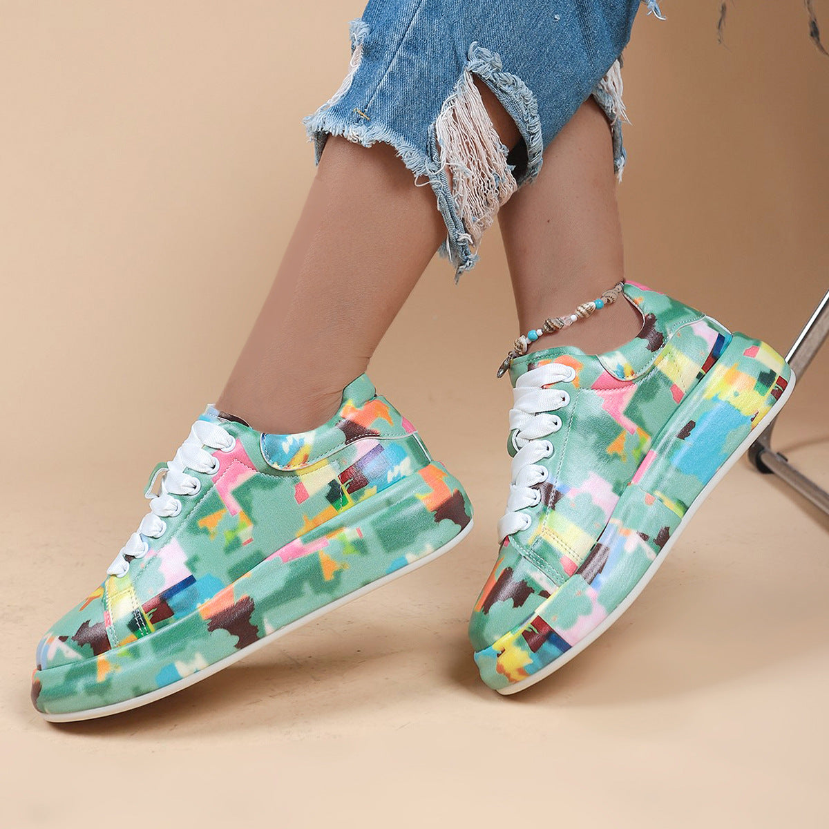 Cartoon Print Fashion Trendy Graffiti Halloween Colorful Lace up Platform Unisex Sneakers Shoes