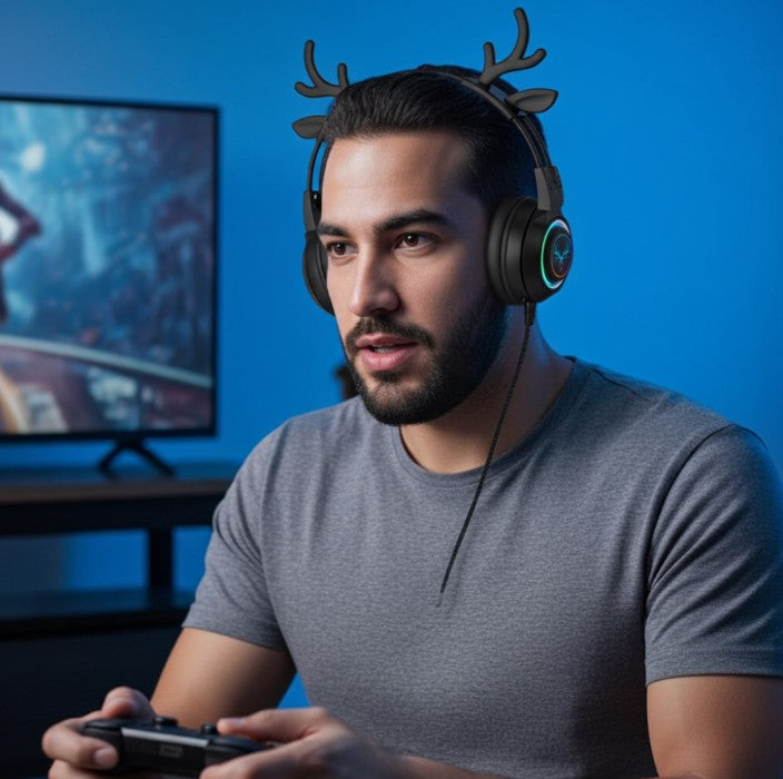 Gaming Work Music Antlers Cat Ears Headset with Noise Cancelling Surround Sound RGB Backlight Mic for PC Mac Nintendo PS4 PS5 Xbox One Mobile Phone