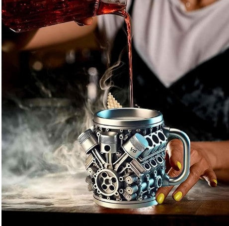 Unique V8 Stainless Steel Engine Tools Tires Spark Plug Diesel Fuel Designed Coffee Tea Beverage Water Mug for Car Enthusiasts, 3D Metal Mechanical Design, Stainless Steel, Novelty Gift for Mechanics and Car Truck Fans