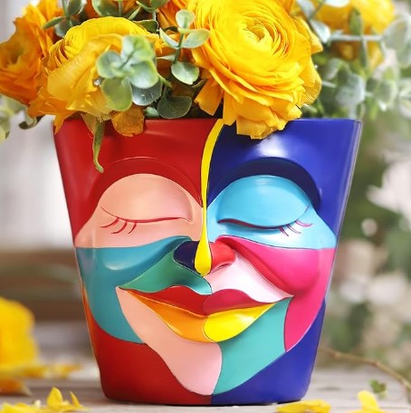 Unique Abstract Graffiti Face Rainbow Head Flowerpot Planter with Drainage for Indoor Outdoor Plants