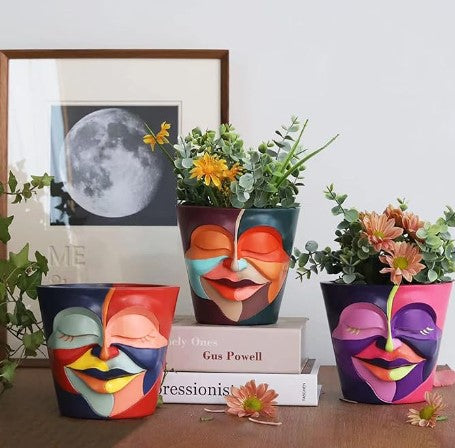 Unique Abstract Graffiti Face Rainbow Head Flowerpot Planter with Drainage for Indoor Outdoor Plants