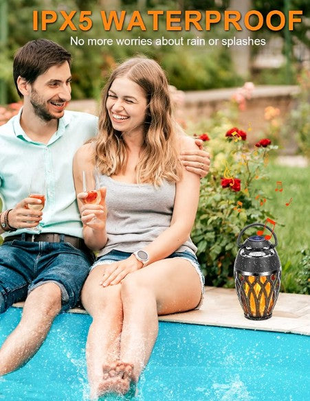 Waterproof Wireless Indoor Outdoor Speakers with Led Torch Light Effect Bluetooth Speaker with Flame for Outdoor Camping Parties Halloween Decor or Trick or Treating Safety lighting Indoor Parties