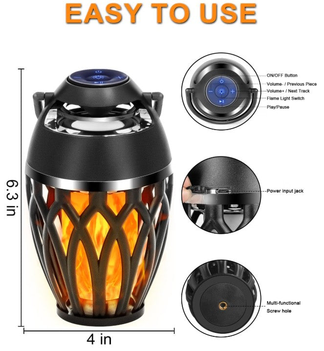 Waterproof Wireless Indoor Outdoor Speakers with Led Torch Light Effect Bluetooth Speaker with Flame for Outdoor Camping Parties Halloween Decor or Trick or Treating Safety lighting Indoor Parties