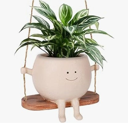 Unique Hanging Indoor Outdoor Resin Swinging Smiley Face Planter Pots Head with Drainage Hole