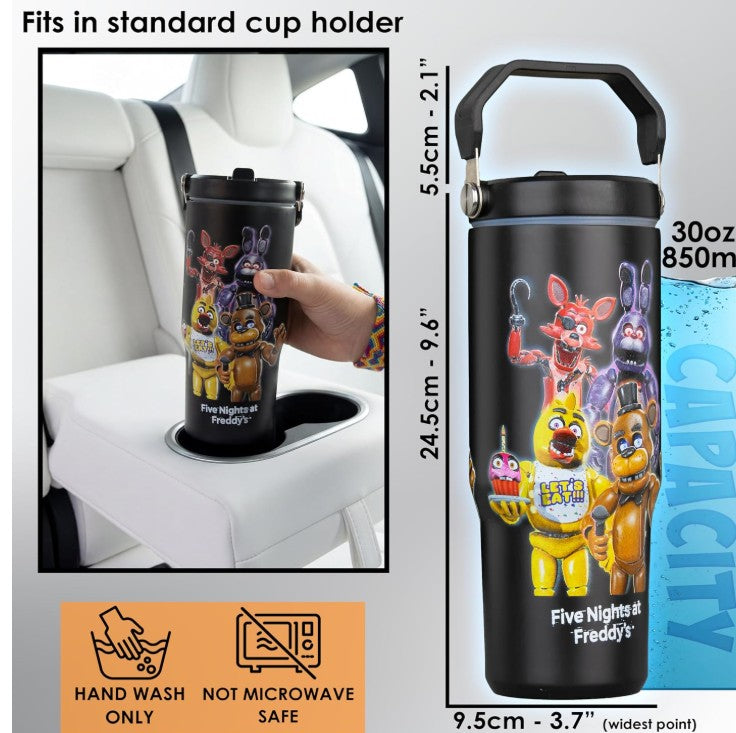 Get Trend Five Nights at Freddy’s 30oz Tumbler with Handle and Straw, Stainless Steel Insulated Water Bottle, BPA-Free, Leak-Proof, Cold for 12h, Hot 5h, Gifts for Men, Teens