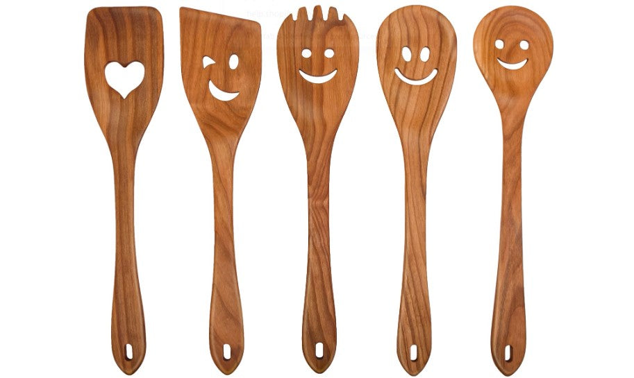 Multipurpose Smiley Heart Face Cherry Wood Cast Scraper Wooden Spoons for Cooking 5 Piece Spatula Set