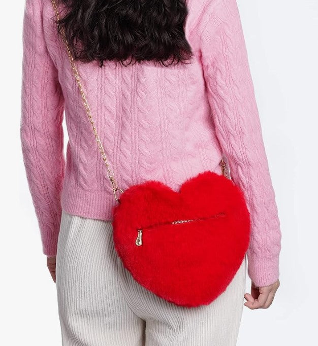 Plush Faux Fur Fun Love Shaped Chain Shoulder Bags Purse with Metal Strap for Birthday Valentine Gifts