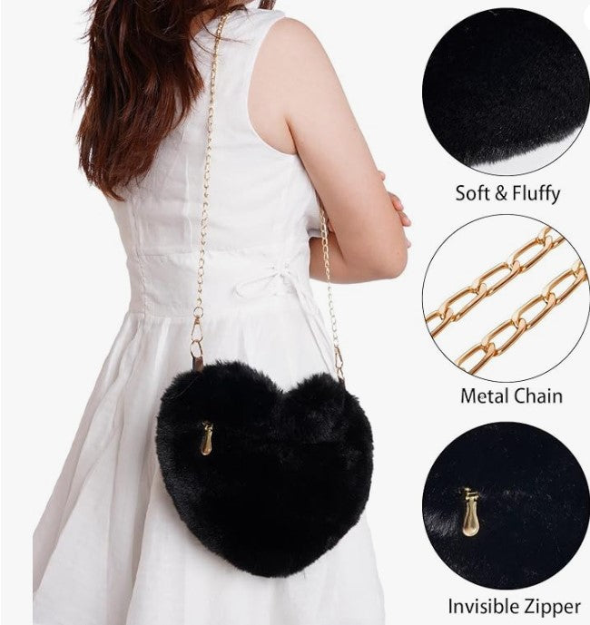 Plush Faux Fur Fun Love Shaped Chain Shoulder Bags Purse with Metal Strap for Birthday Valentine Gifts