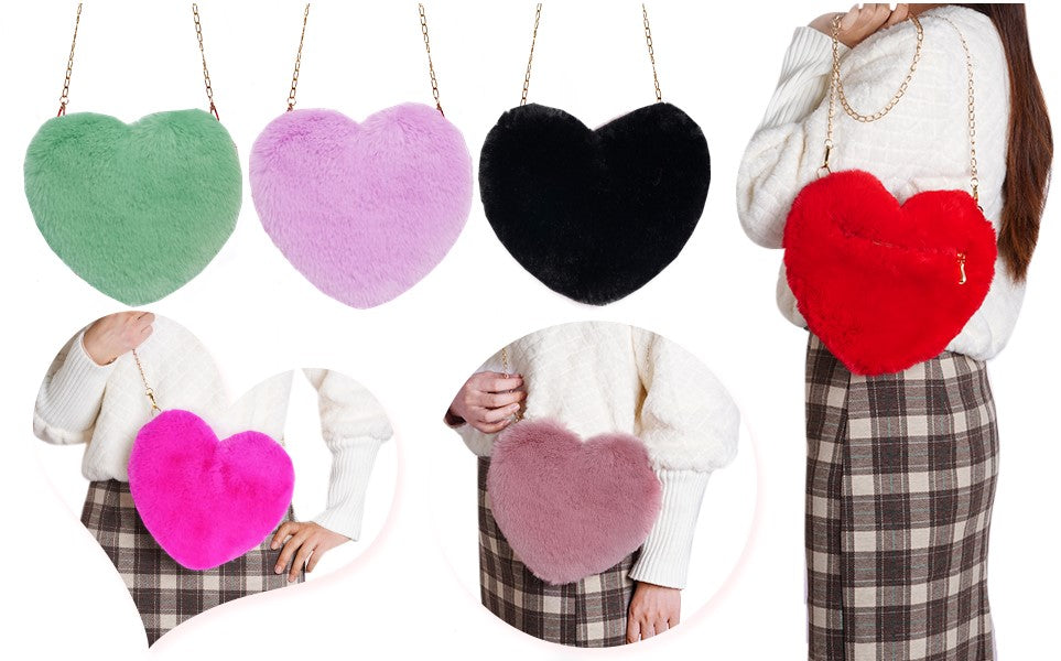 Plush Faux Fur Fun Love Shaped Chain Shoulder Bags Purse with Metal Strap for Birthday Valentine Gifts