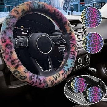 Multi Color Faux Fur Soft Cooling Warm Hands Steering Wheel Cover Handbrake Shift Cover 3Pcs Set