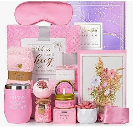 Spa Lavender Rose Natural Chamomile Scented Candle Mask Blanket Socks Notebook Soaps Salt Wine glass Jewelry Skin Care Gift Basket Set for Birthday Mothers Fathers Day Anniversary Birthday loved One SPA Gift