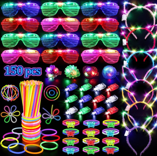 Glow in the Dark Party Supplies for Kids Adults, Light Up Party Favors Streamers Balloons with Light Up Glasses, Headband, Rings, 100 Glow Sticks Bulk Party Pack DIY Glow Necklaces Bracelets, Neon Party Supplies