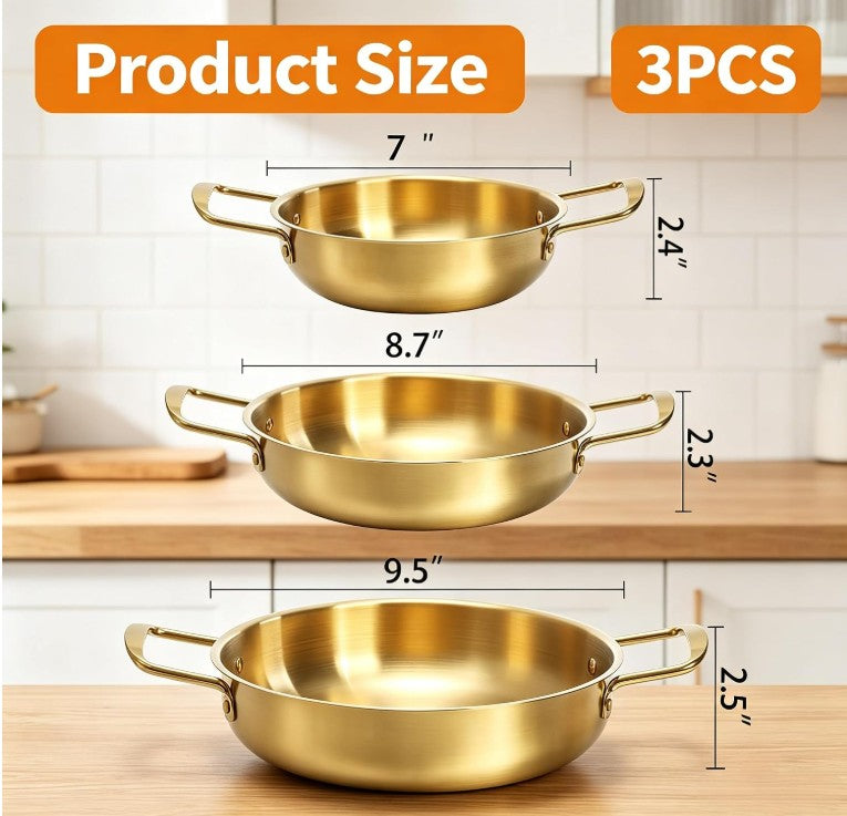 Set of 3 Korean Ramen Noodle Pot with Handles, Stainless Steel Everyday Pan, Golden Korean Cooking Pot for Soup, Noodle, Pasta, Home and Outdoor, Dishwasher Safe, Size 7", 8.7", 9.5"