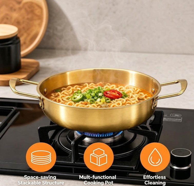 Set of 3 Korean Ramen Noodle Pot with Handles, Stainless Steel Everyday Pan, Golden Korean Cooking Pot for Soup, Noodle, Pasta, Home and Outdoor, Dishwasher Safe, Size 7", 8.7", 9.5"