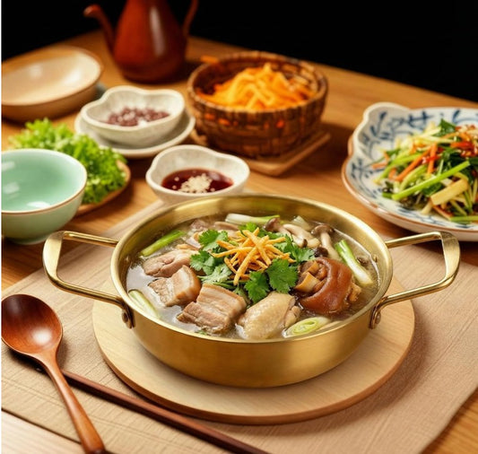 Set of 3 Korean Ramen Noodle Pot with Handles, Stainless Steel Everyday Pan, Golden Korean Cooking Pot for Soup, Noodle, Pasta, Home and Outdoor, Dishwasher Safe, Size 7", 8.7", 9.5"
