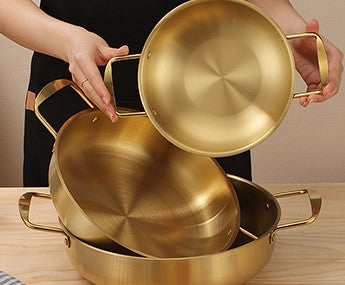 Set of 3 Korean Ramen Noodle Pot with Handles, Stainless Steel Everyday Pan, Golden Korean Cooking Pot for Soup, Noodle, Pasta, Home and Outdoor, Dishwasher Safe, Size 7", 8.7", 9.5"