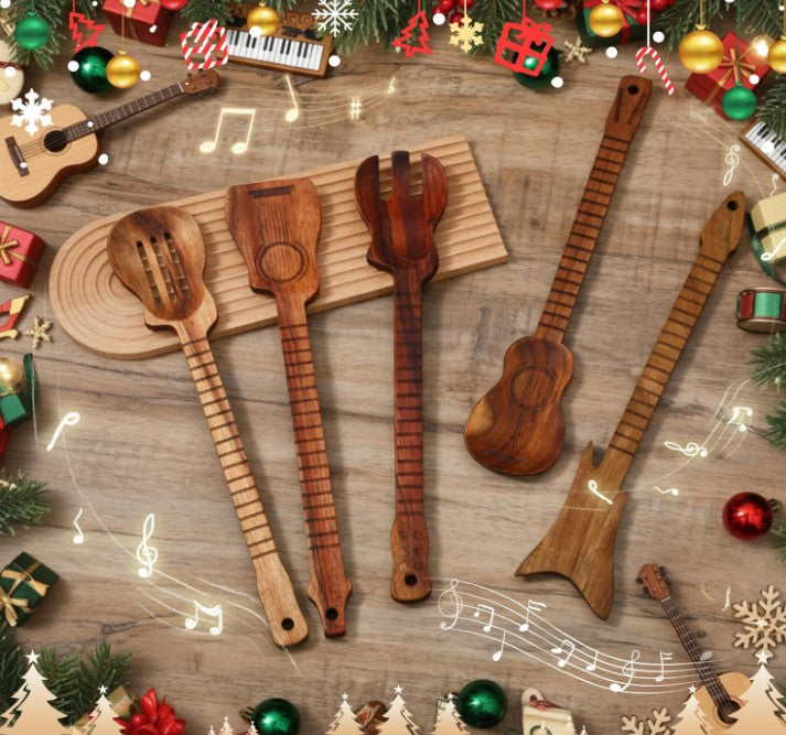 Multipurpose Smiley Heart Face Guitar Music Cherry Wood Cast Scraper Wooden Spoons for Cooking 5 Piece Spatula Set