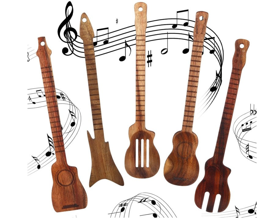 Multipurpose Smiley Heart Face Guitar Music Cherry Wood Cast Scraper Wooden Spoons for Cooking 5 Piece Spatula Set