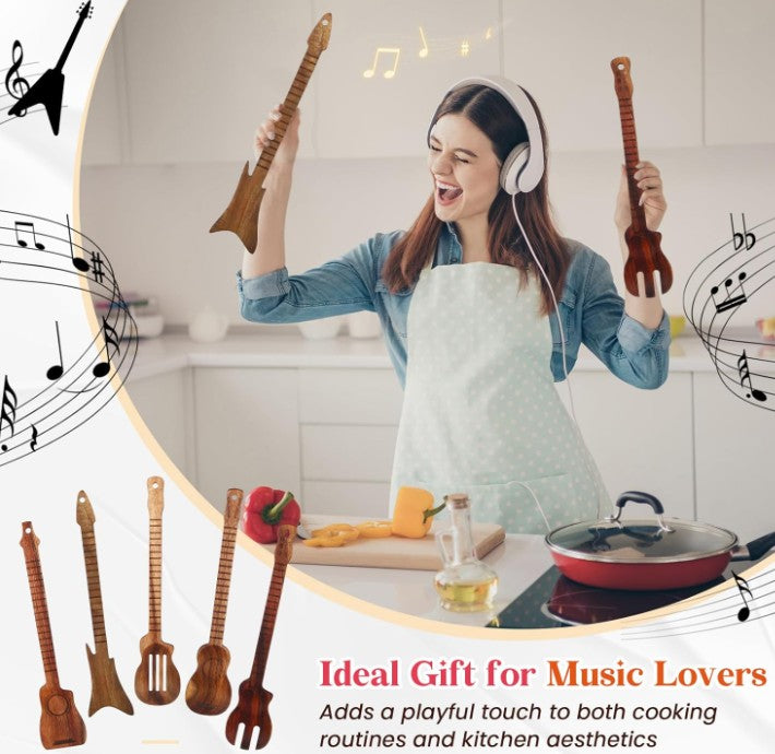 Multipurpose Smiley Heart Face Guitar Music Cherry Wood Cast Scraper Wooden Spoons for Cooking 5 Piece Spatula Set