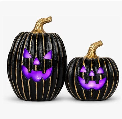 Pumpkin Halloween Decorations Indoor for Home, 2Pcs Resin Halloween Figurines with Light, White and Orange Jack o Lantern Decor