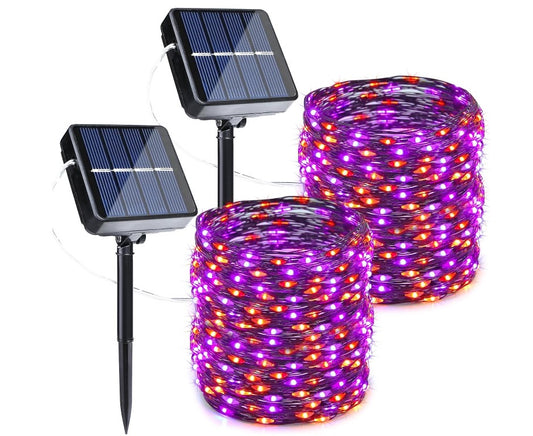 Orange, Purple Halloween Solar String Lights Total 100 ft 300 LED 8 Modes Solar Fairy Lights, Waterproof Lights with Black Wire 2 Pack