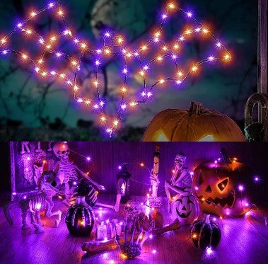 Orange, Purple Halloween Solar String Lights Total 100 ft 300 LED 8 Modes Solar Fairy Lights, Waterproof Lights with Black Wire 2 Pack