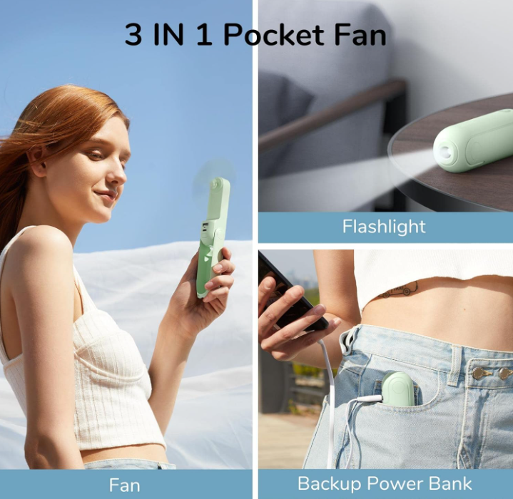 Small Pocket Portable Travel Handheld 3 in 1 USB Rechargeable Mini Fan with Power Bank and Flashlight