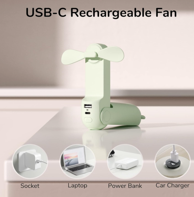 Small Pocket Portable Travel Handheld 3 in 1 USB Rechargeable Mini Fan with Power Bank and Flashlight