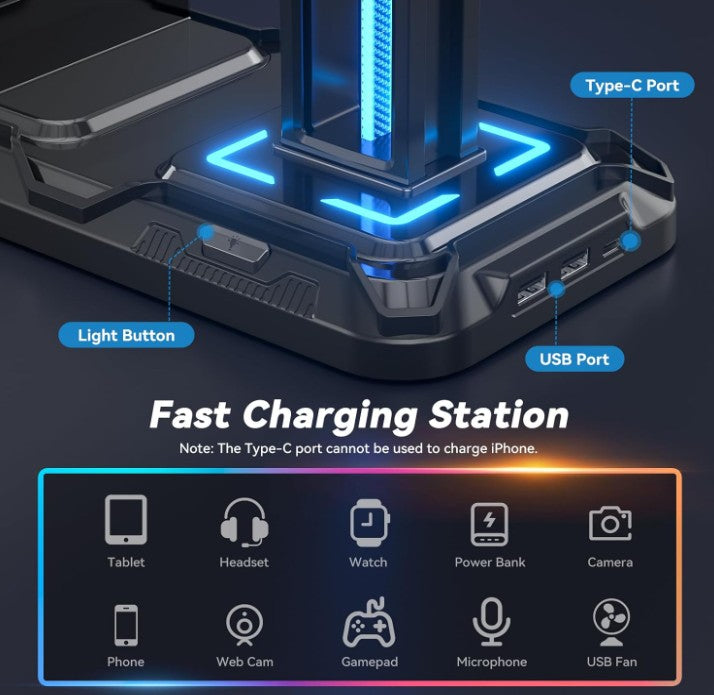 Gaming Headset Stand with Charging Station - Detachable Controller Holder with 9 Light Modes - Rotatable Headphone Hanger with USB A&C Charger Ports - Earphone Hook for PC Gaming Accessories Storage