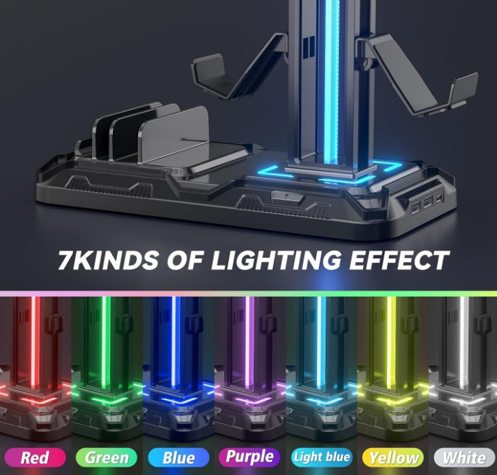 Gaming Headset Stand with Charging Station - Detachable Controller Holder with 9 Light Modes - Rotatable Headphone Hanger with USB A&C Charger Ports - Earphone Hook for PC Gaming Accessories Storage