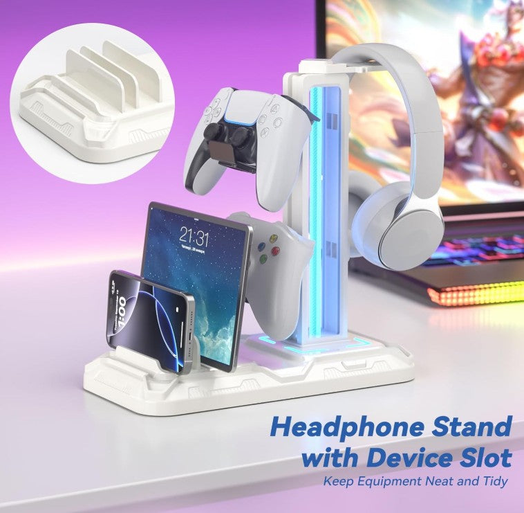 Gaming Headset Stand with Charging Station - Detachable Controller Holder with 9 Light Modes - Rotatable Headphone Hanger with USB A&C Charger Ports - Earphone Hook for PC Gaming Accessories Storage