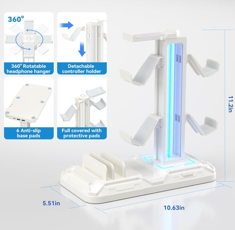 Gaming Headset Stand with Charging Station - Detachable Controller Holder with 9 Light Modes - Rotatable Headphone Hanger with USB A&C Charger Ports - Earphone Hook for PC Gaming Accessories Storage