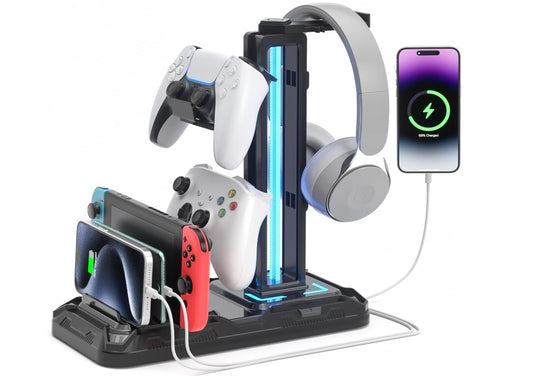Gaming Headset Stand with Charging Station - Detachable Controller Holder with 9 Light Modes - Rotatable Headphone Hanger with USB A&C Charger Ports - Earphone Hook for PC Gaming Accessories Storage