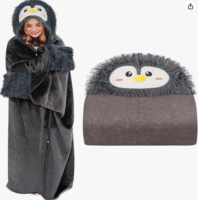 Wearable Hooded Animal Design Blanket for Adults Kids Soft Warm Fleece Sherpa Hoodie Throw Winter Linen Fleece Cozy Plush Animal Cape for Holidays