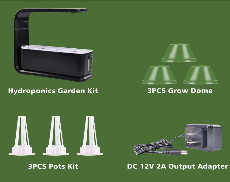 Hydroponics Quiet Smart Water Growing System Indoor 3 Pod Herb Flower Vegetable Garden Kit with LED Light and Automatic Watering for Home Kitchen