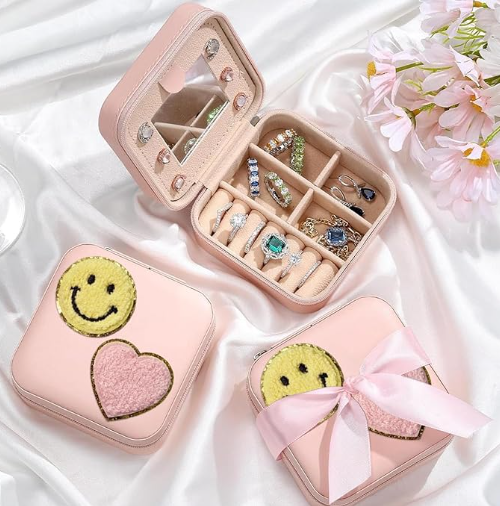 Portable Happy Travel Smiley Face Leather Multi Compartment Jewelry Box