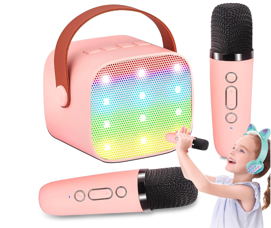 Mini Portable Bluetooth Karaoke Machine for Kids Adults with Two Microphones with Carry Case Options