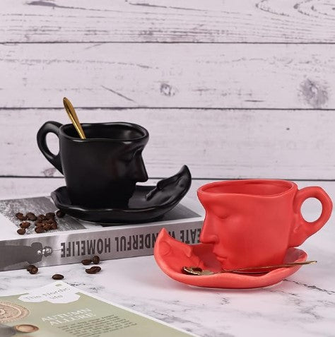 Creative Unique Kissing Face Black White Silver Ceramic Coffee and Teacup Mug with Saucer and Spoon Set