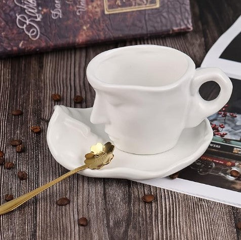 Creative Unique Kissing Face Black White Silver Ceramic Coffee and Teacup Mug with Saucer and Spoon Set