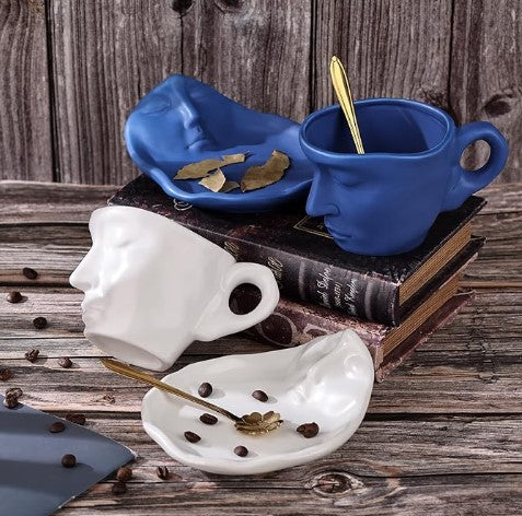 Creative Unique Kissing Face Black White Silver Ceramic Coffee and Teacup Mug with Saucer and Spoon Set