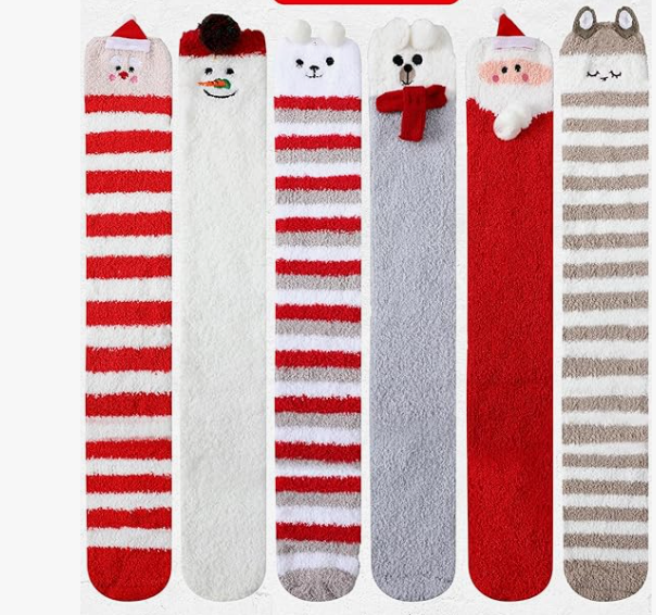 Fun Women Christmas Thigh High Fuzzy Socks Cute Cartoon over Knee Fluffy Striped Stockings Winter Leg Warmers