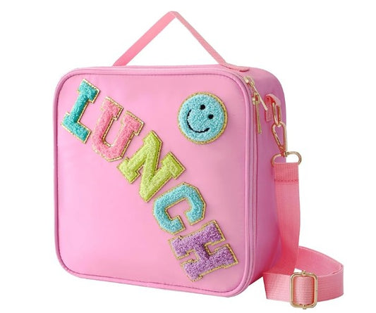 Insulated Pink White Orange Red Black Lunch Bag with Adjustable Shoulder Strap, Nylon Preppy Lunch Box Large Insulated Lunch Bag Reusable Lunch Tote Bag with Smiley Preppy LunchBag for Girls School Travel Picnic